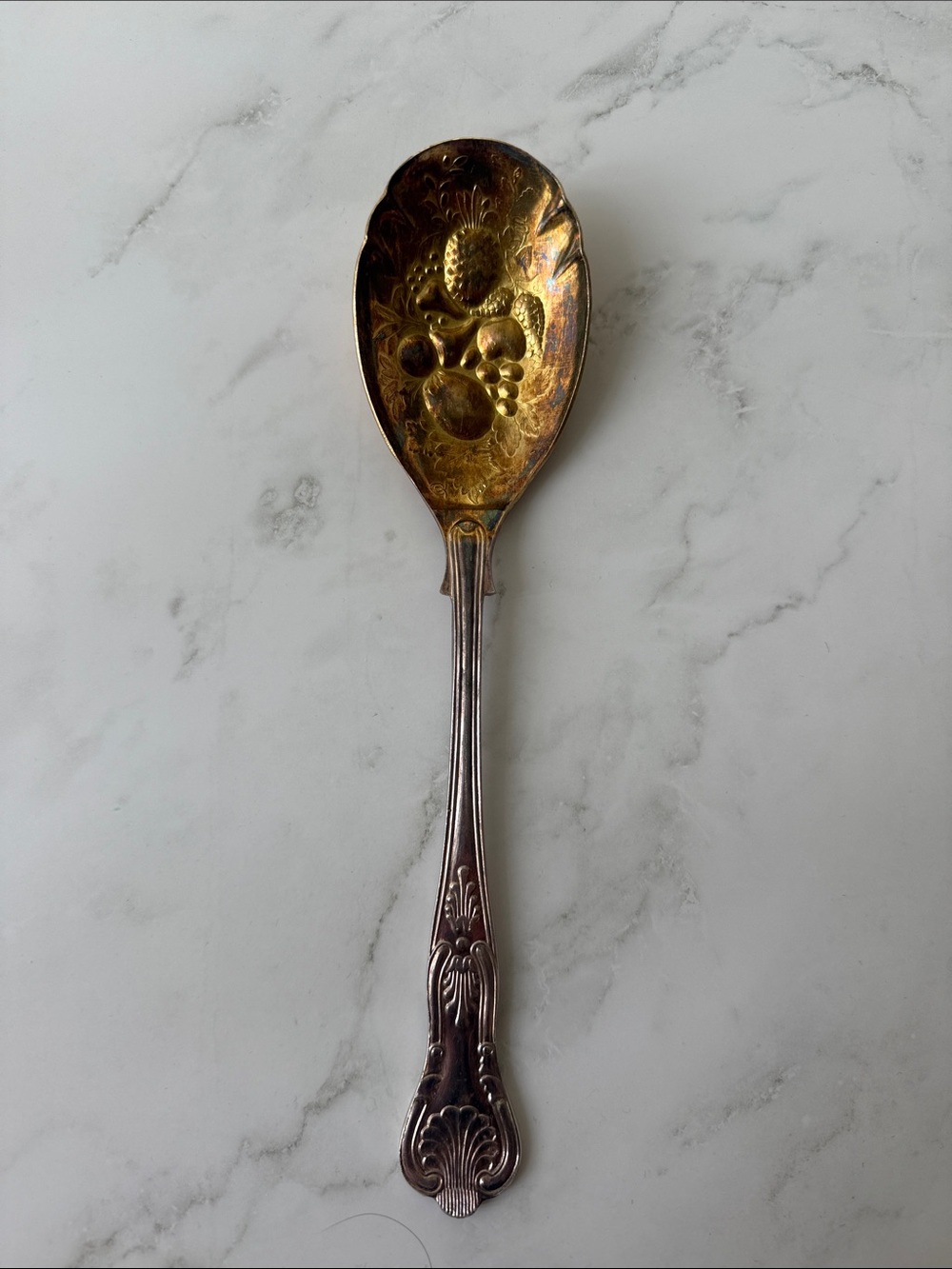 Vintage AI Sheffield England Serving Spoon Gold Tone Gold & Silver Fruit Pattern